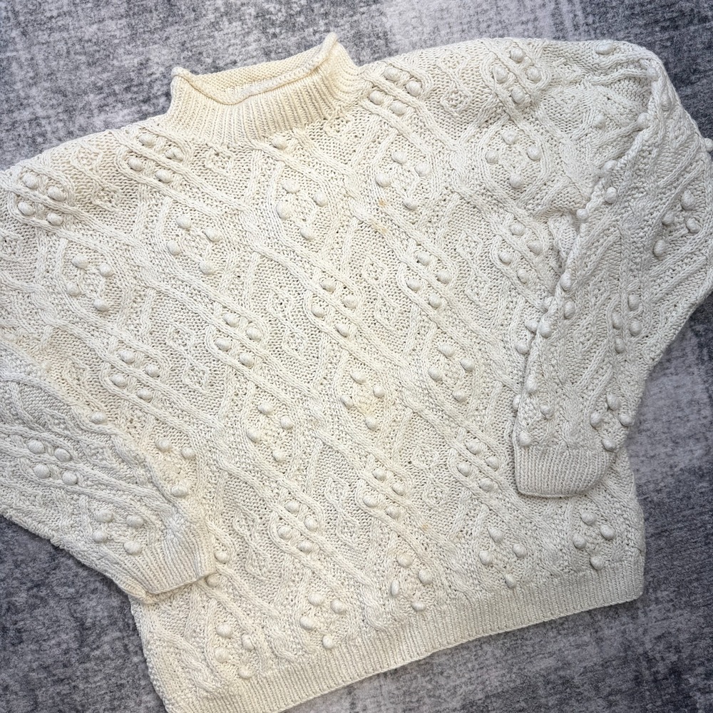VTG Northern Isles Sweater Womens Large Cream Roll Neck Cable Knit Bobbles 90s